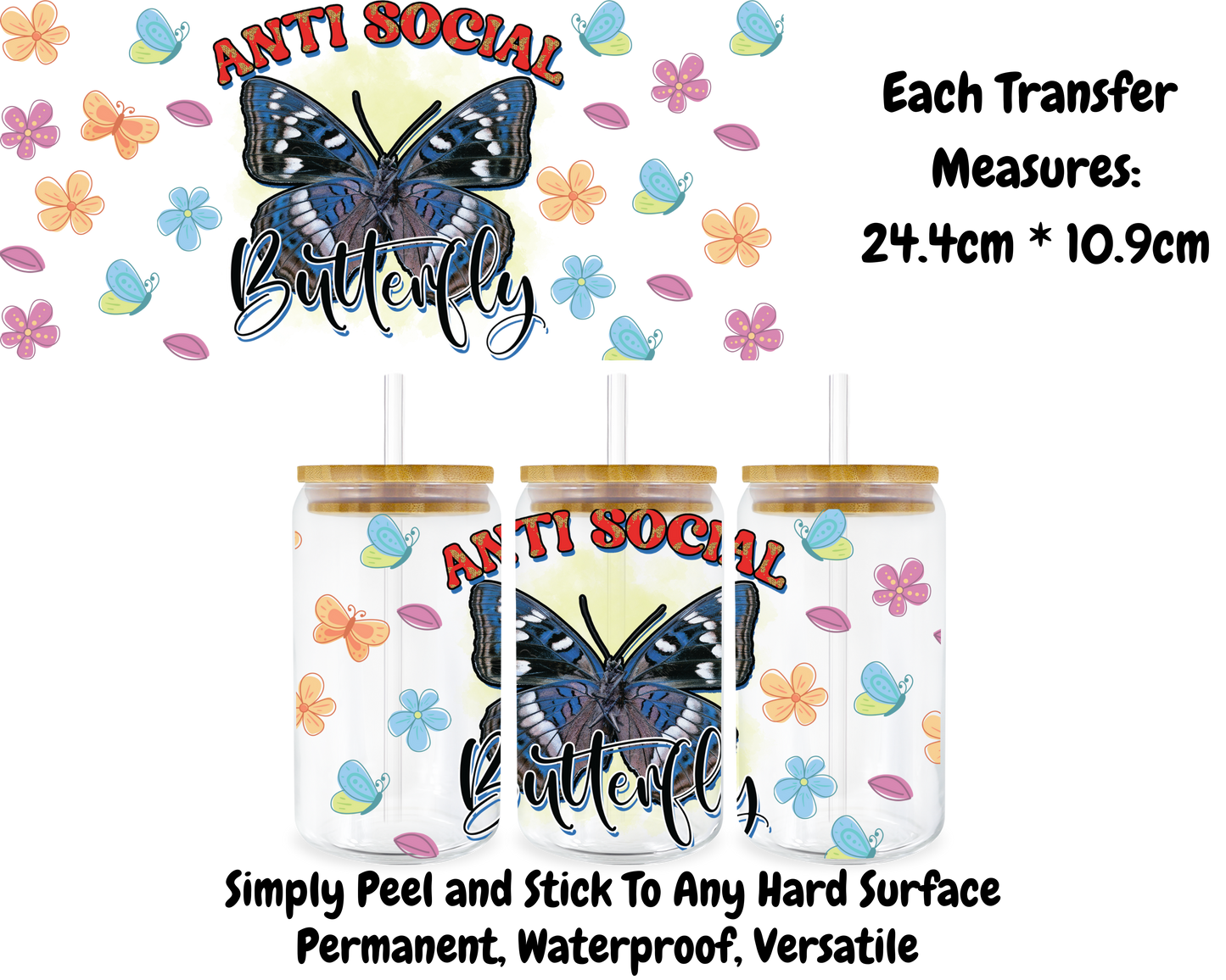 Anti Social Butterfly - 16oz UV DTF Transfer