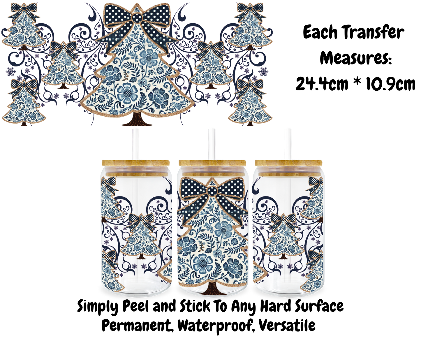 Blue Floral Design Christmas Trees - 16oz UV DTF Transfer