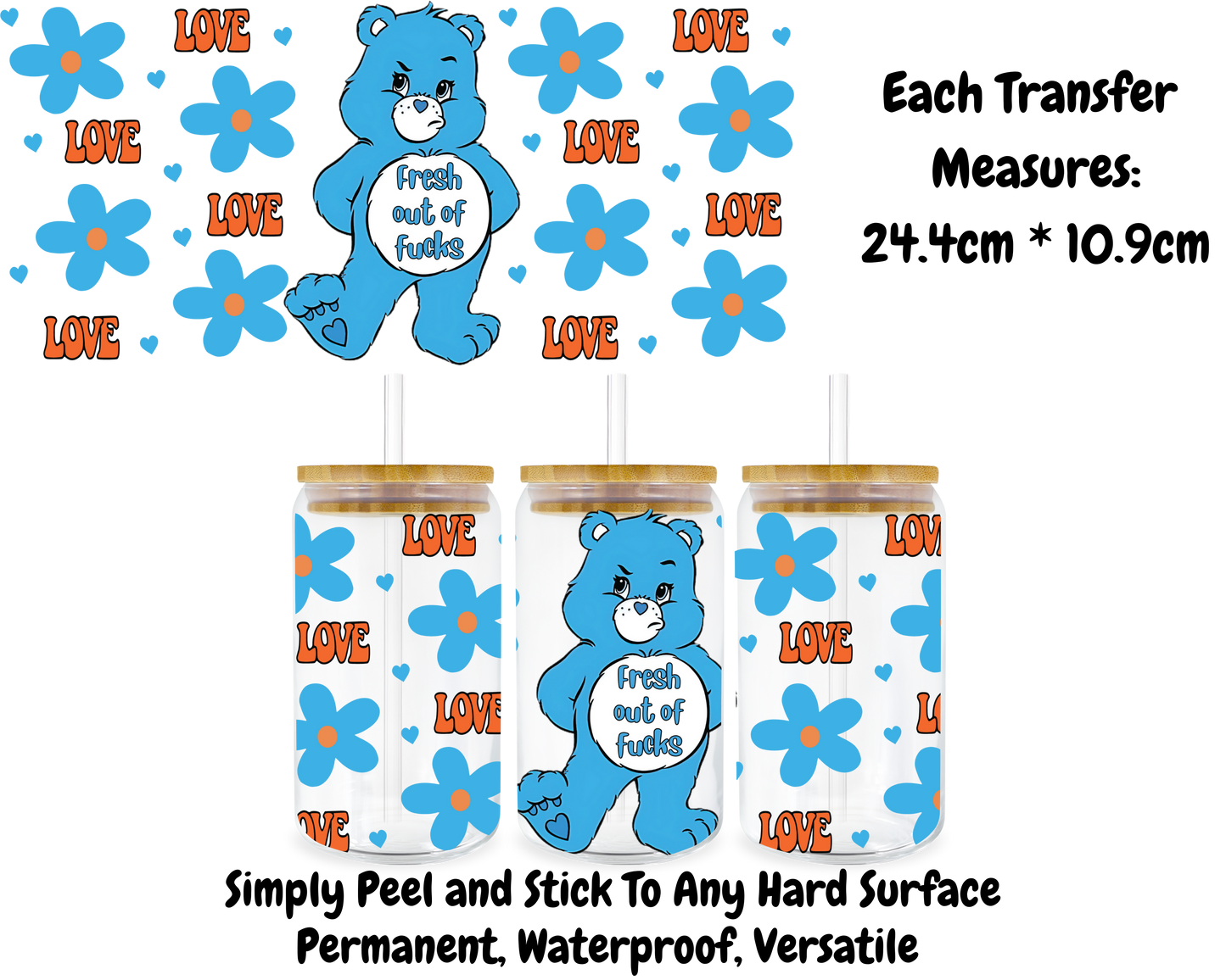 Carebears - Fresh Out Of Fucks - 16oz UV DTF Transfer