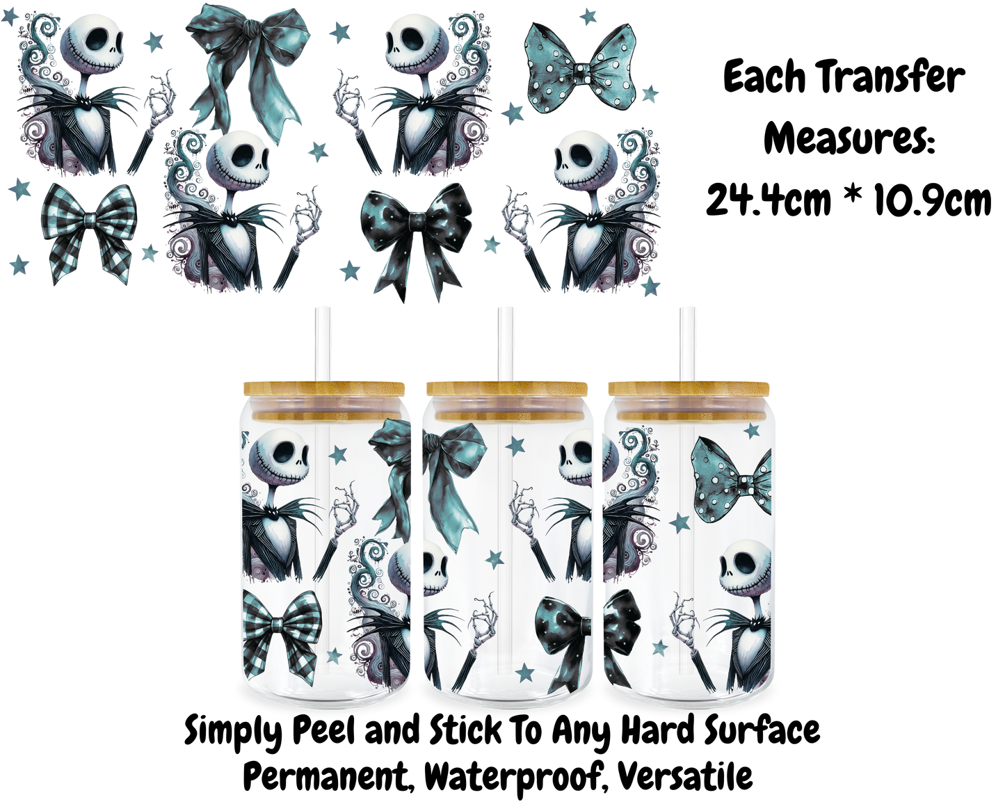 Jack Skellington With Black Bows - 16oz UV DTF Transfer