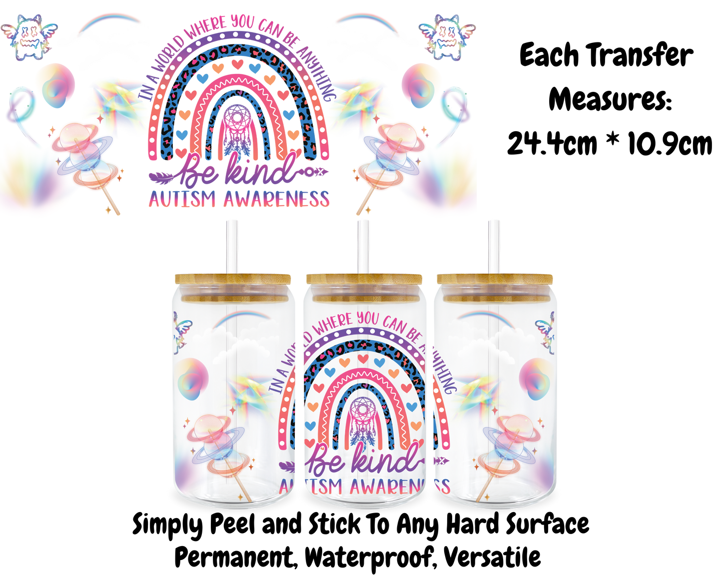 Be Kind Autism Awareness - 16oz UV DTF Transfer