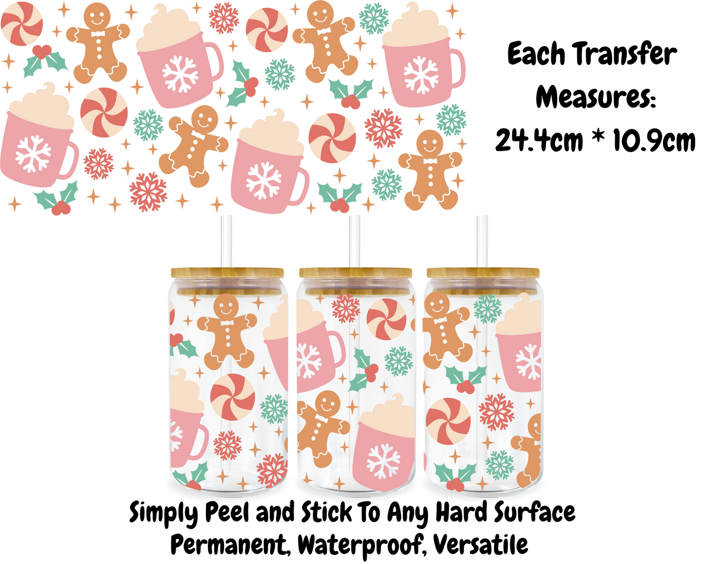 Gingerbread and Mugs (pink) - 16oz UV DTF Transfer