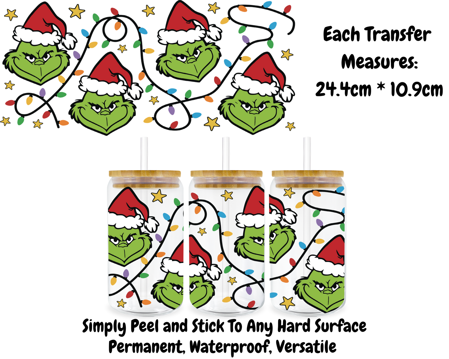 Red Grinch Face With Lights - 16oz UV DTF Transfer