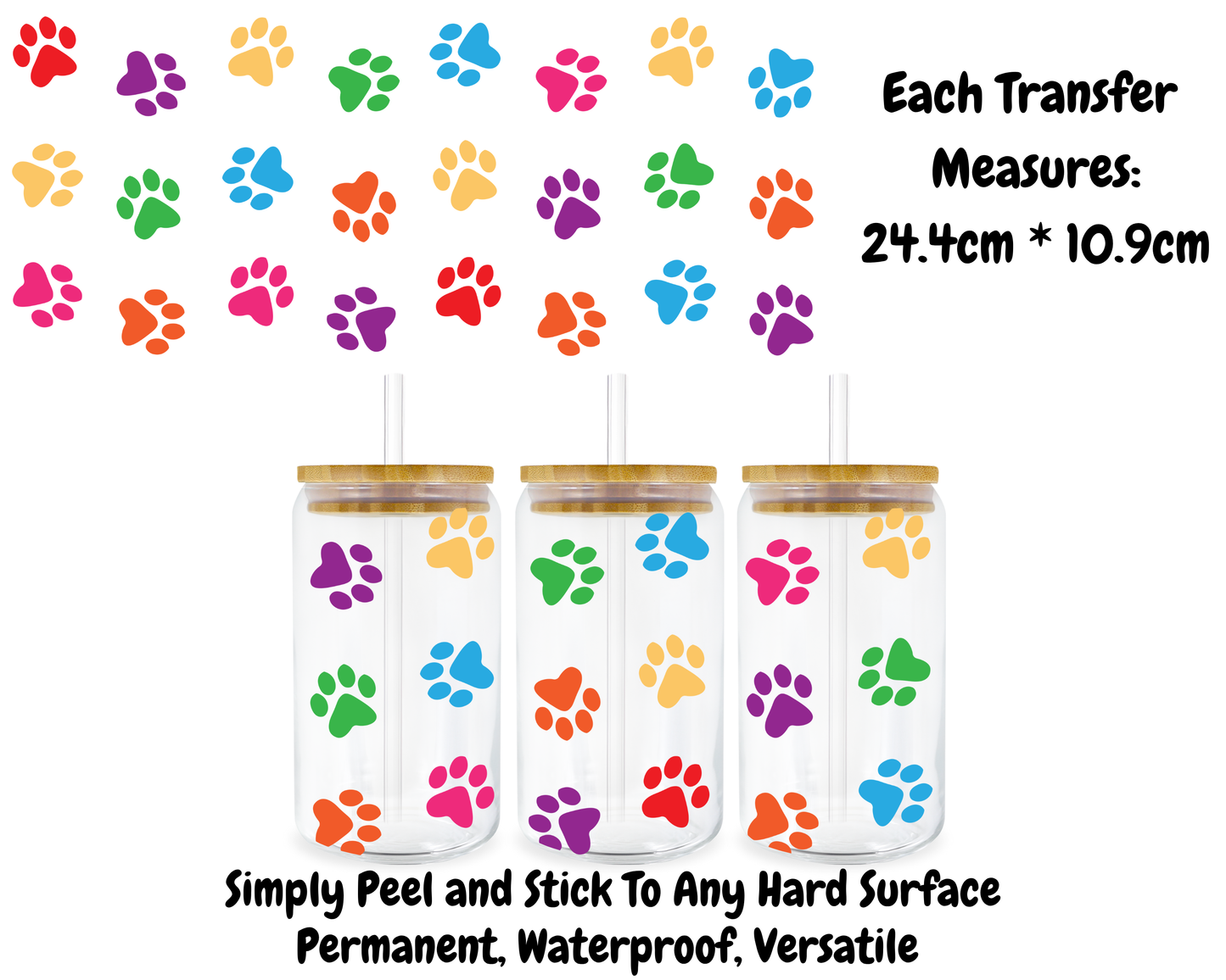 Colourful Paw Prints - 16oz UV DTF Transfer