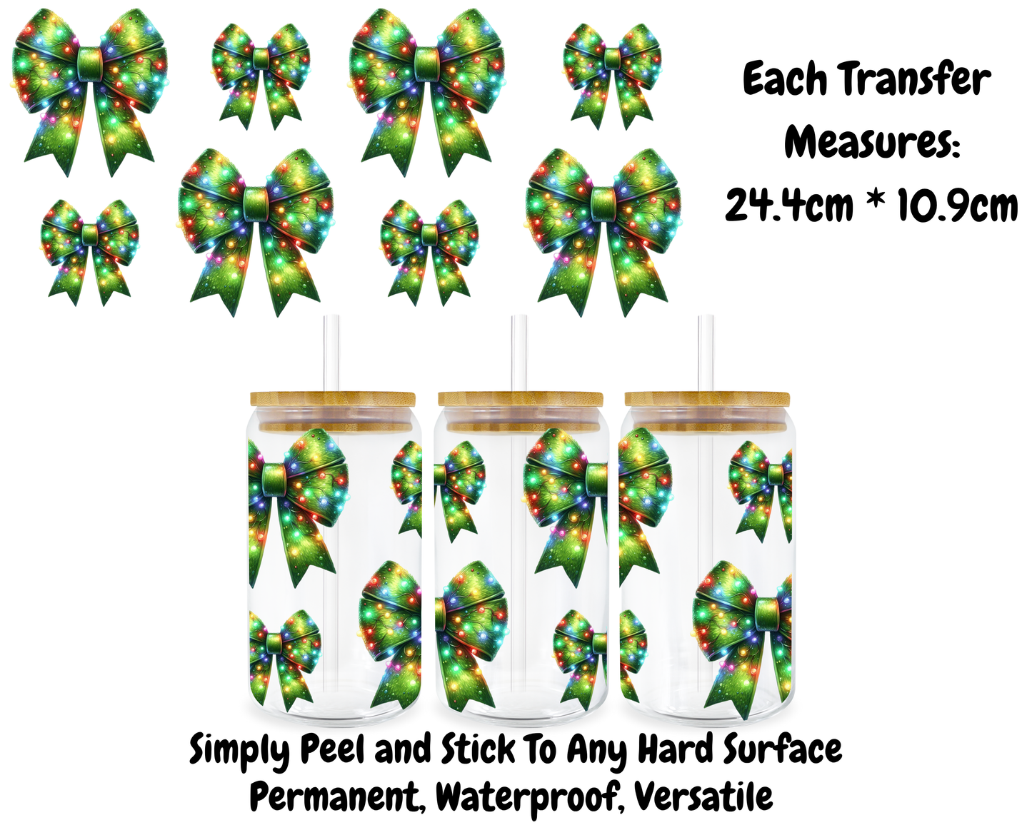 Green Bows With Christmas Lights - 16oz UV DTF Transfer