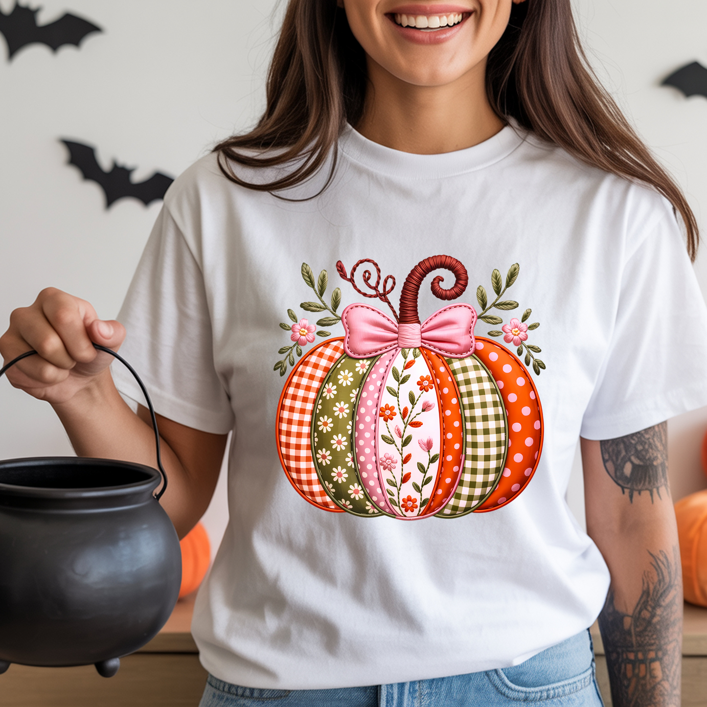 Whimsical patchwork-style pumpkin DTF Transfer