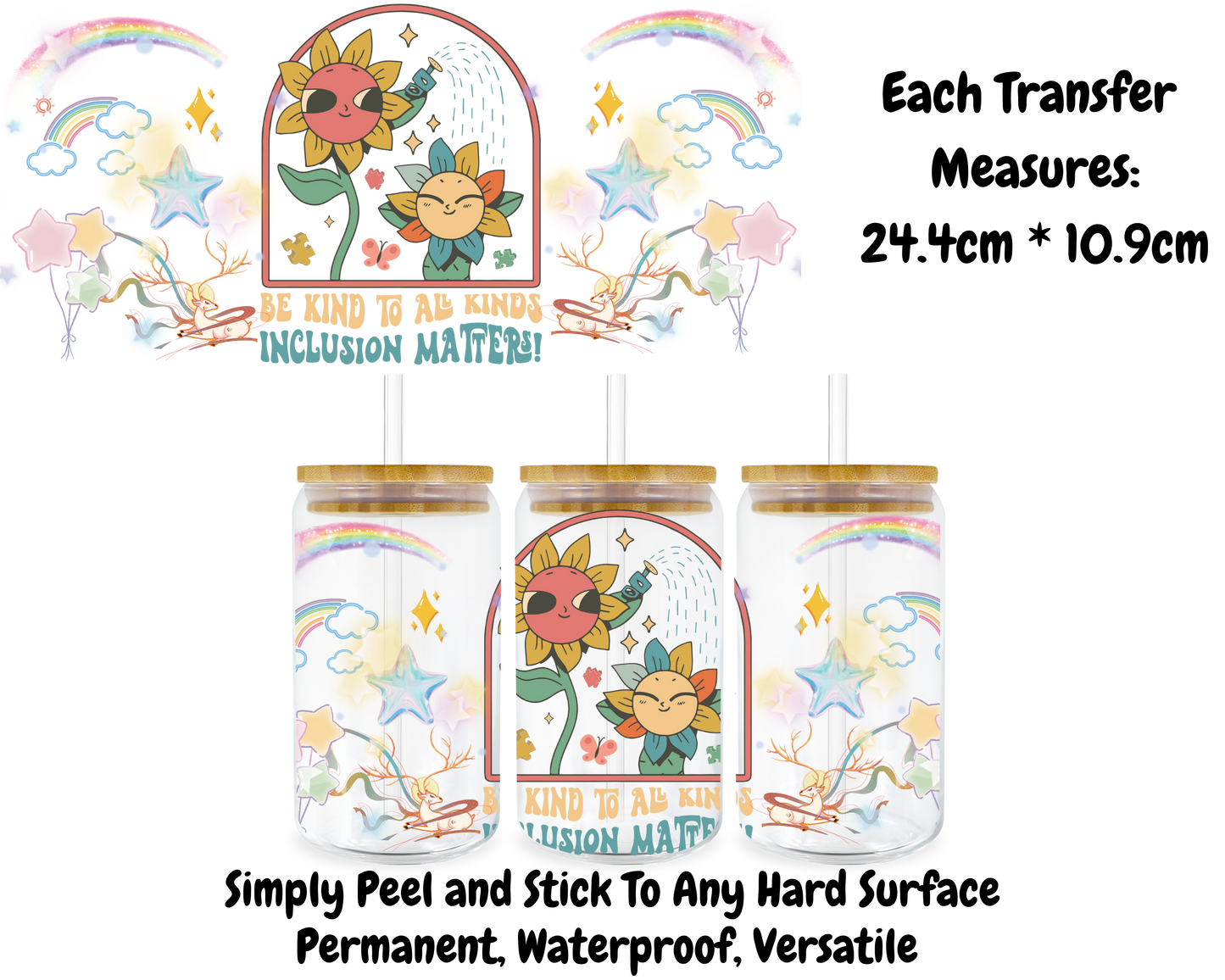 Be Kind To All Minds Inclusion Matters - 16oz UV DTF Transfer