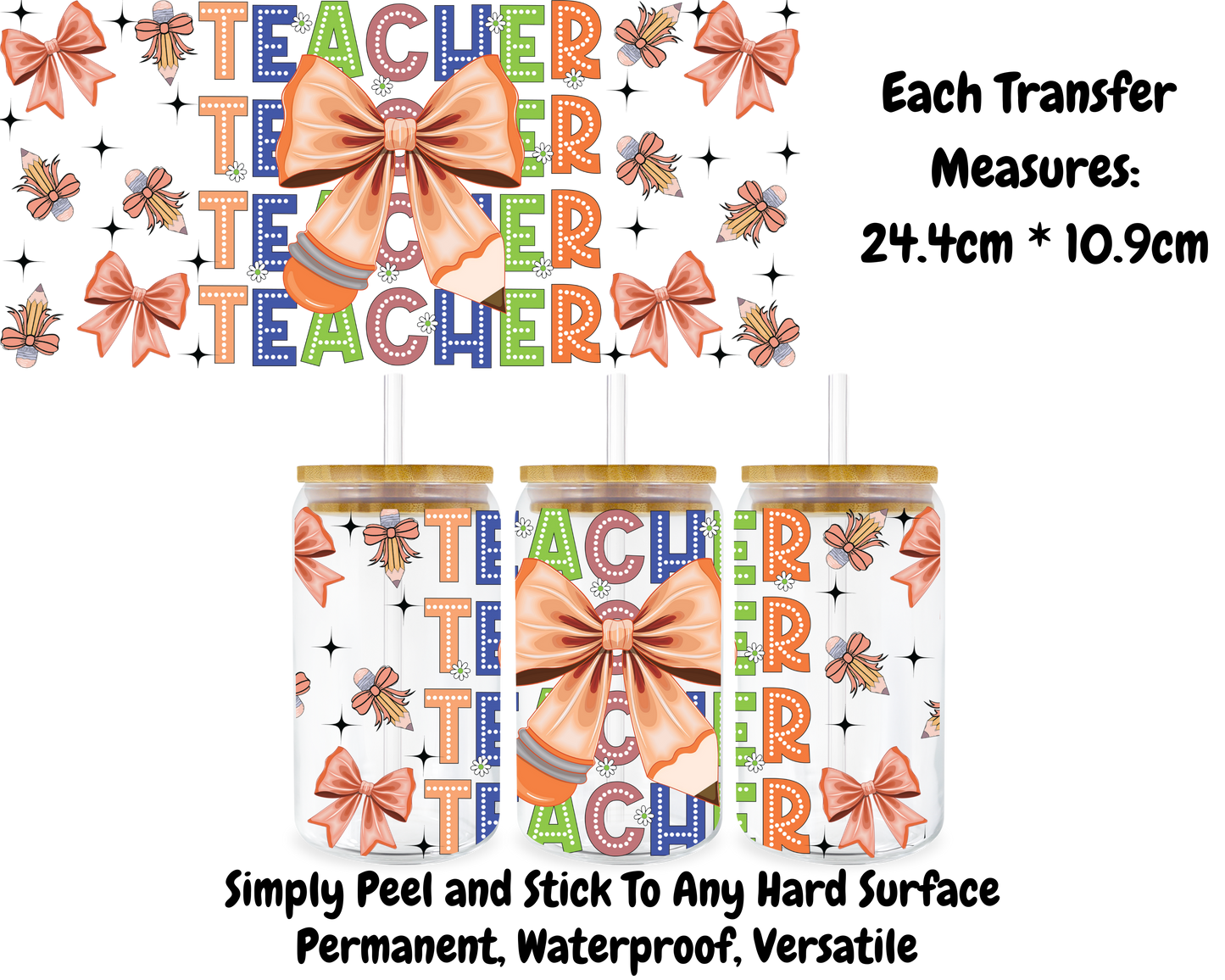 Teacher Bows Orange - 16oz UV DTF Transfer
