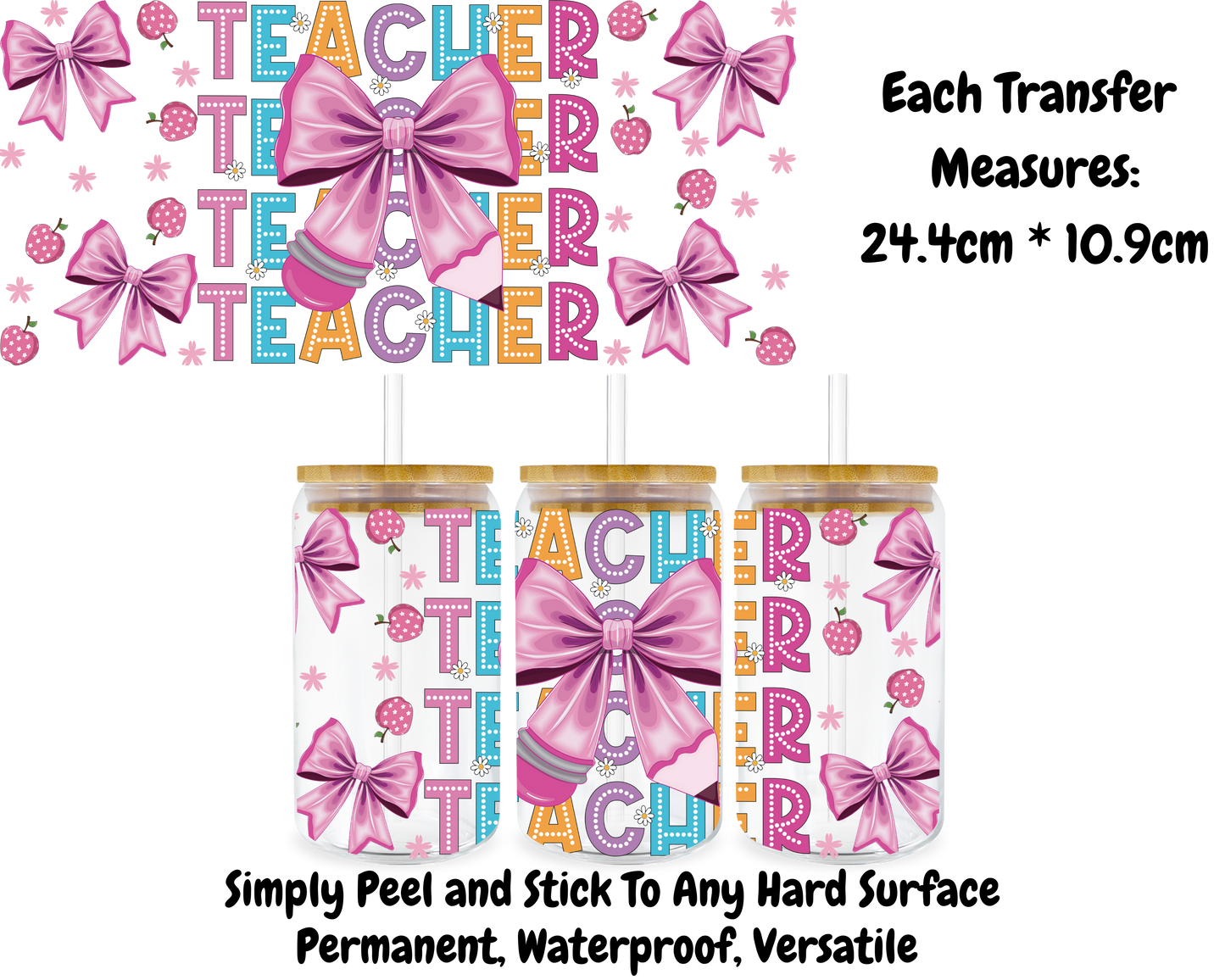 Teacher Bows Pink - 16oz UV DTF Transfer