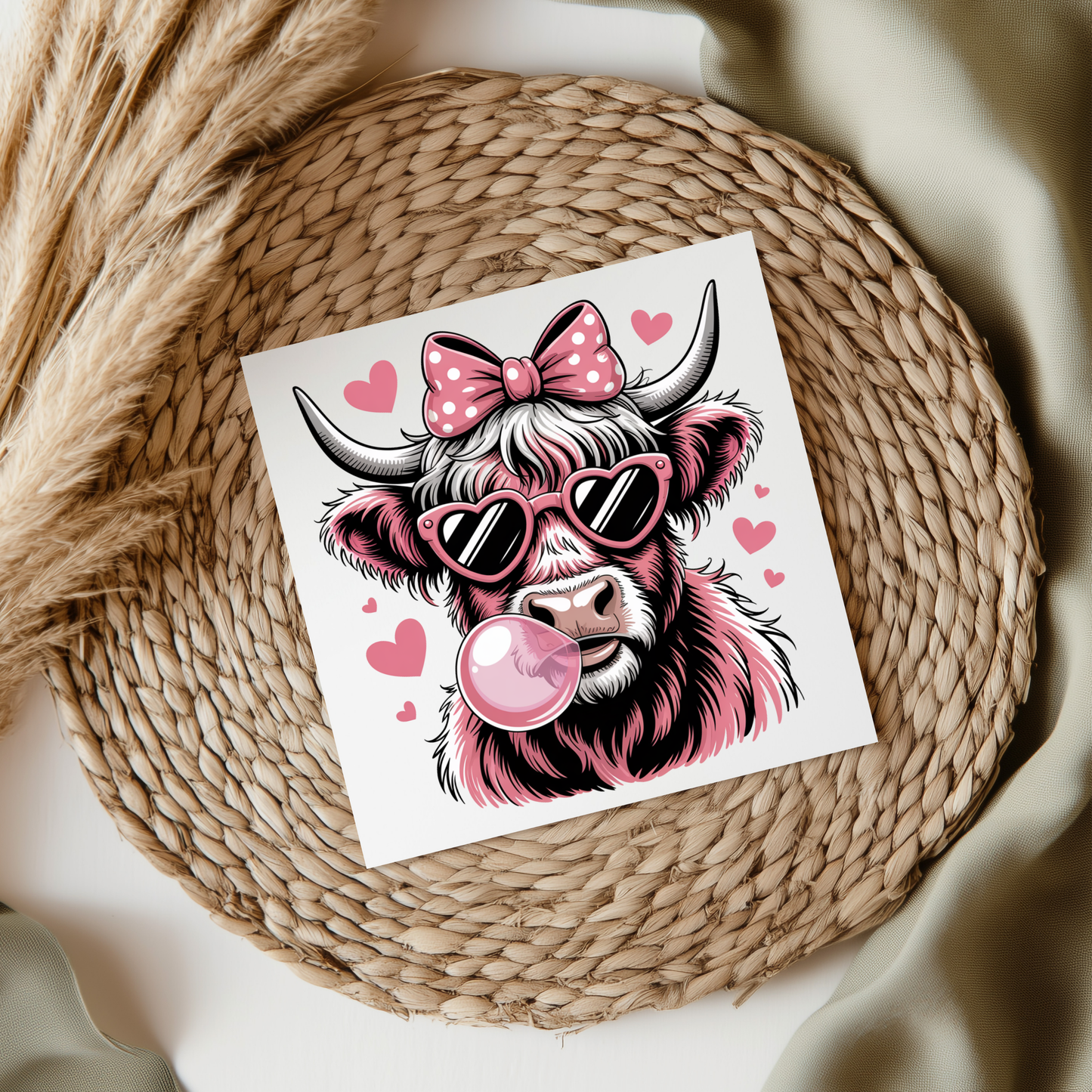 Pink Highland Cow With Hearts UV DTF Decal