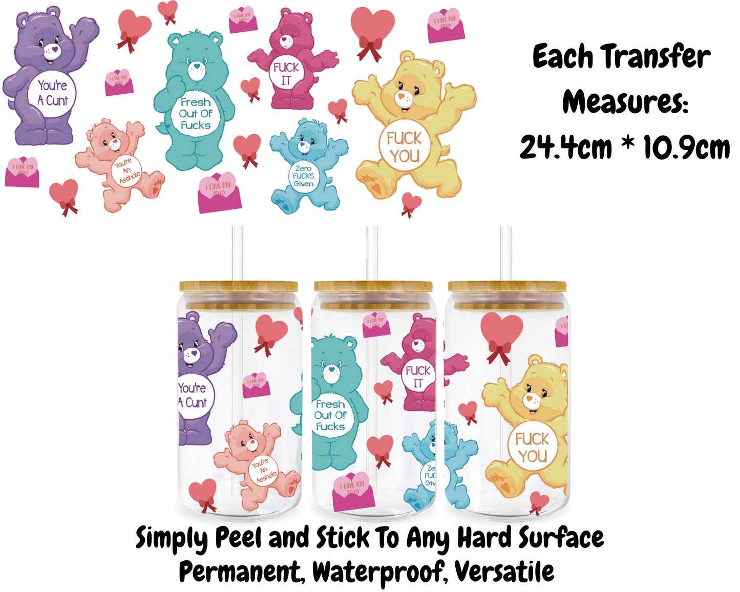 Rude Care Bears - 16oz UV DTF Transfer
