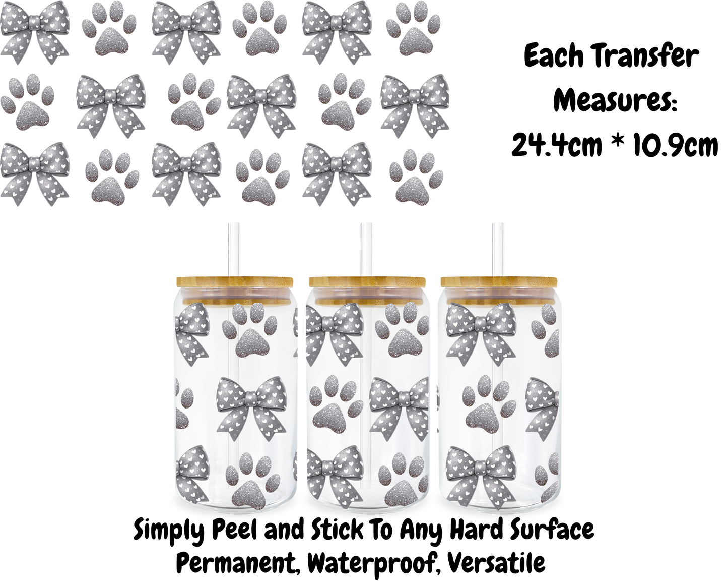 Grey Bows/Paw Prints - 16oz UV DTF Transfer