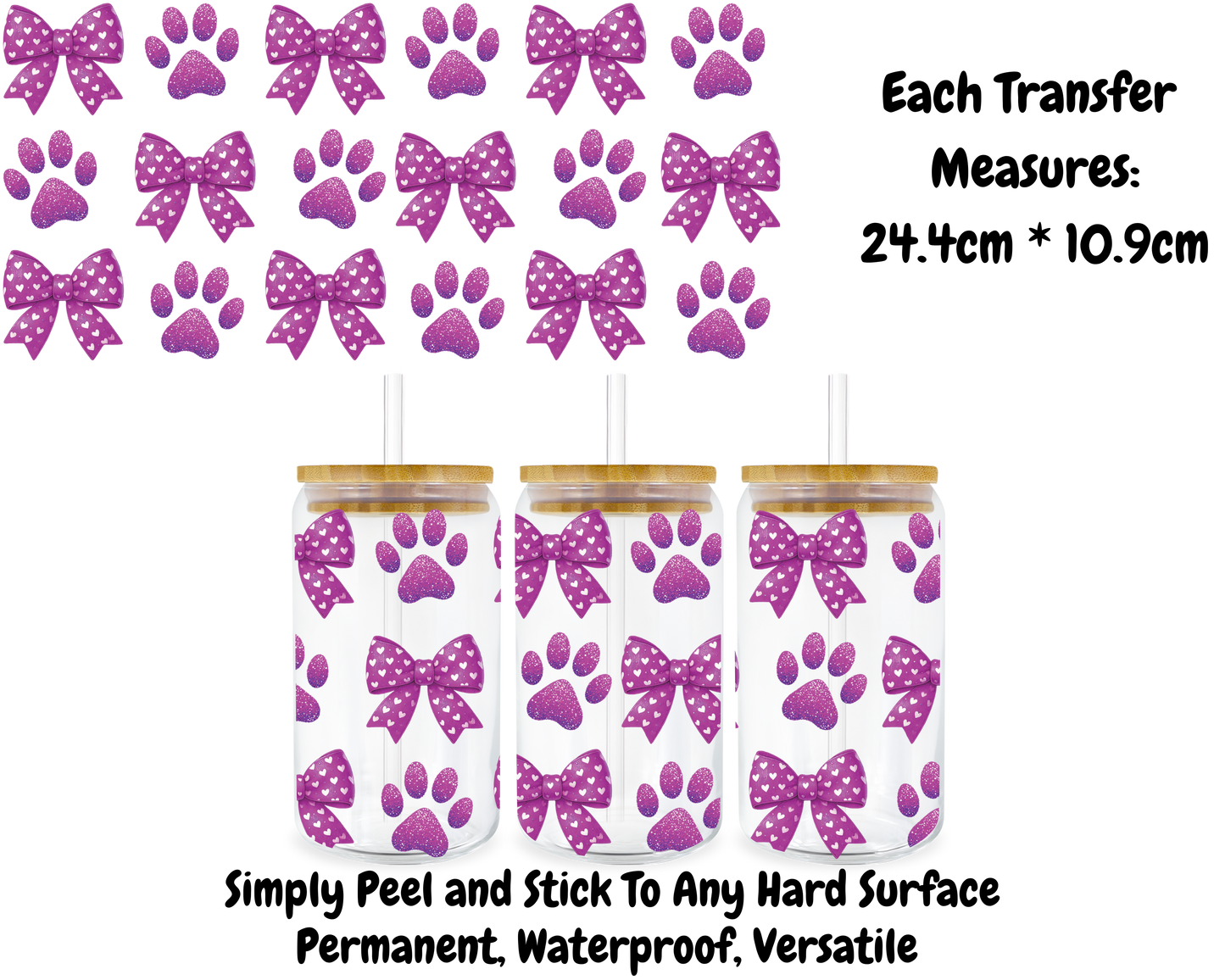 Pink Bows/Paw Prints - 16oz UV DTF Transfer