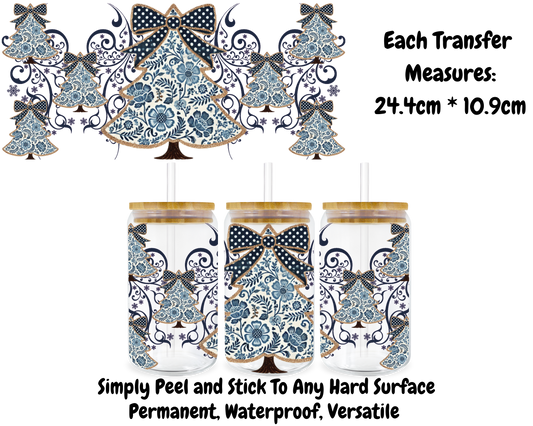 Blue Floral Design Christmas Trees - 16oz UV DTF Transfer