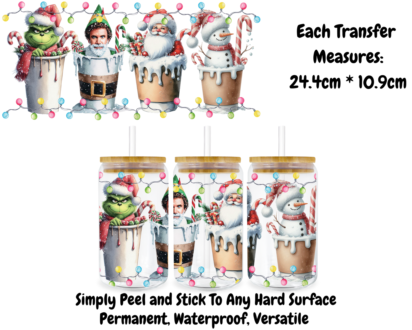 Christmas Characters In Cups - 16oz UV DTF Transfer
