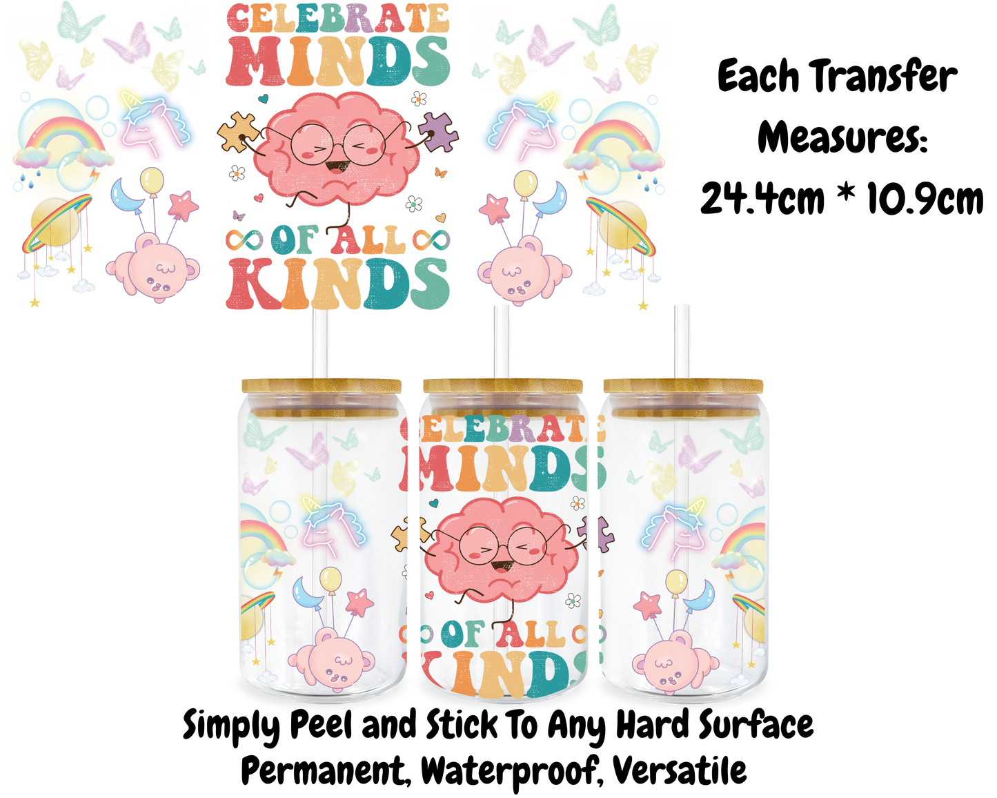 Celebrate Minds Of All Kinds - 16oz UV DTF Transfer