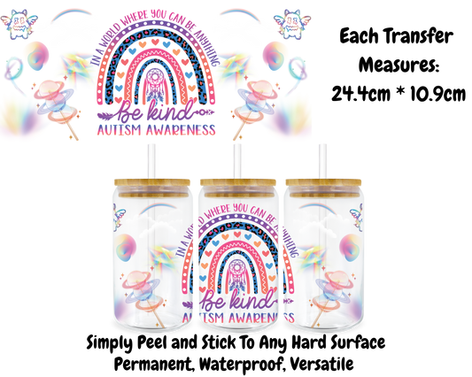 Be Kind Autism Awareness - 16oz UV DTF Transfer