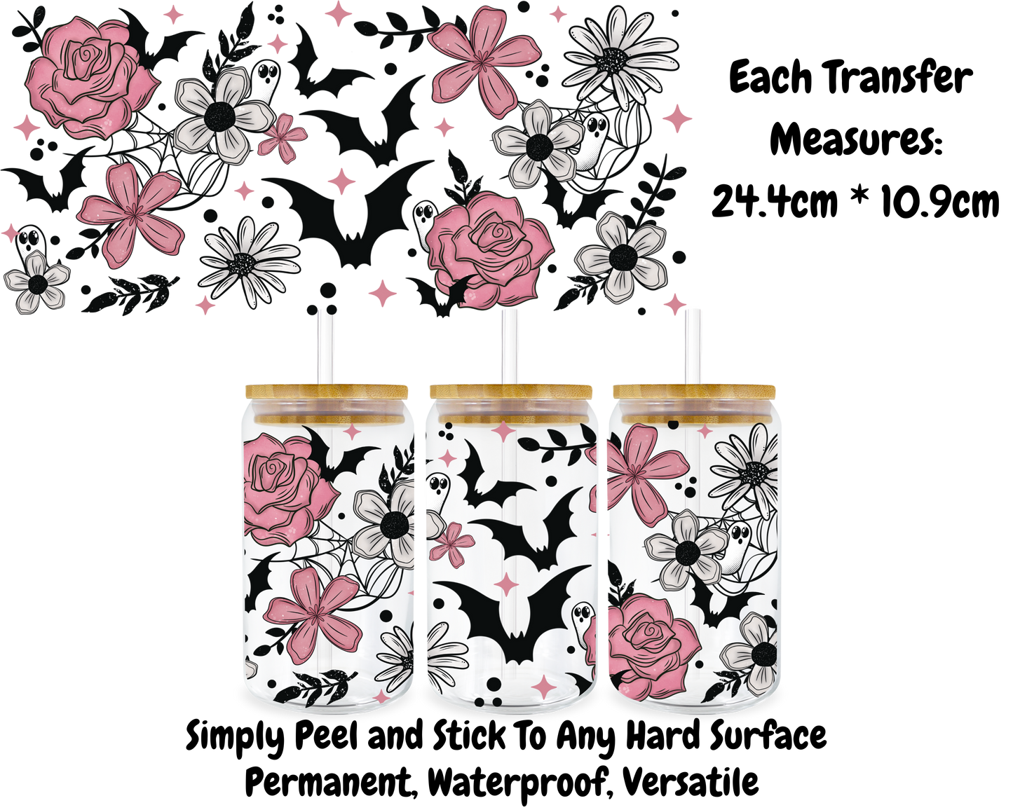 Halloween Bats And Flowers - 16oz UV DTF Transfer