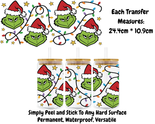 Red Grinch Face With Lights - 16oz UV DTF Transfer