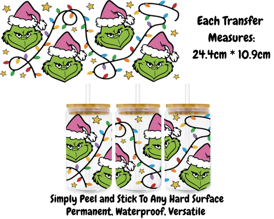 Pink Grinch Face With Lights - 16oz UV DTF Transfer