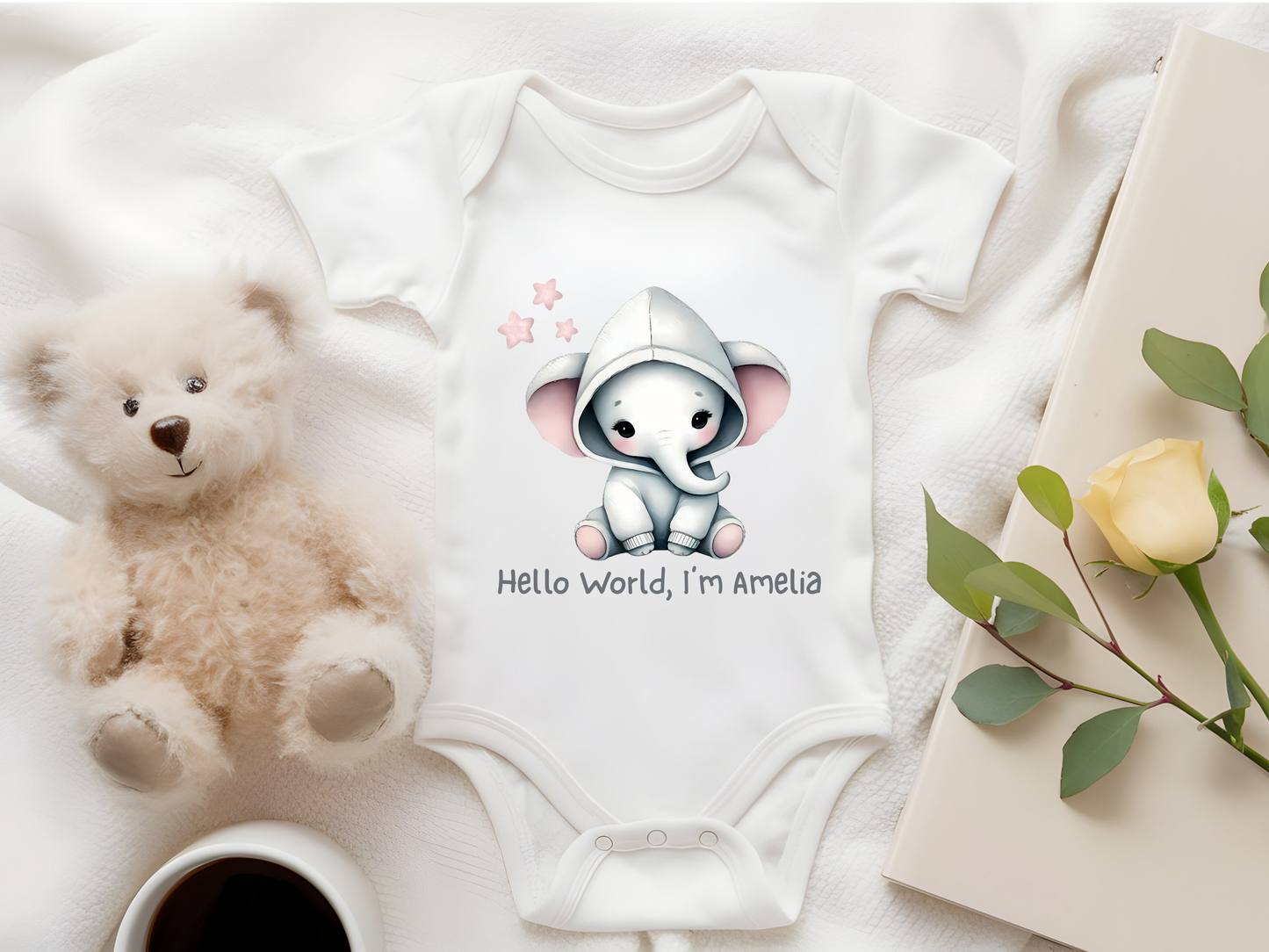 Custom Hello World Baby Elephant DTF Transfer