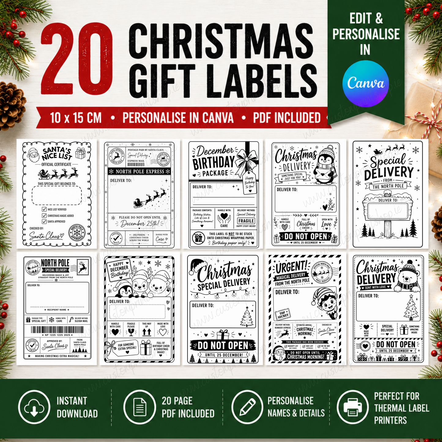 DIGITAL FILE - 20 Christmas Gift Labels | Canva Templates + PDF Download