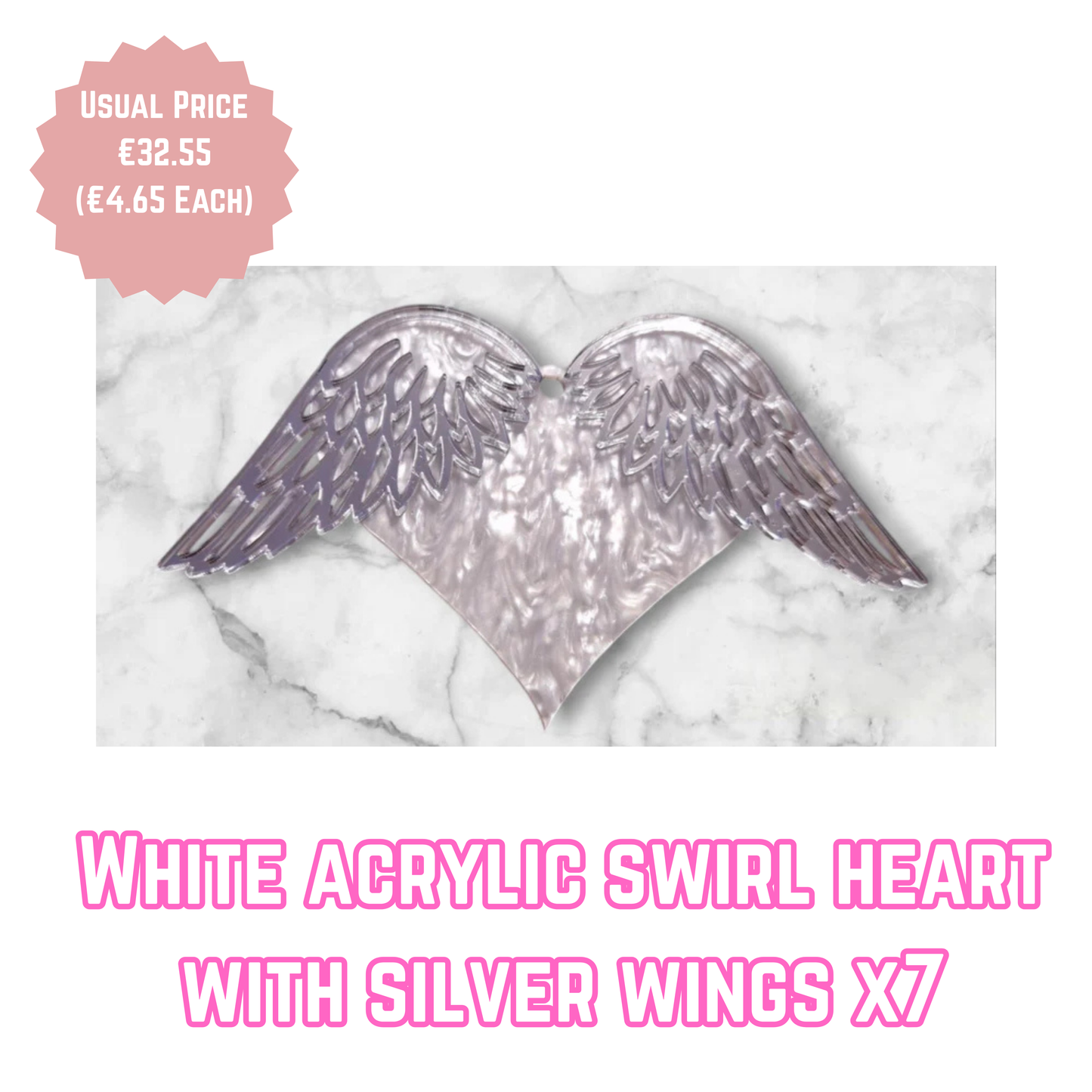 White Acrylic Swirl Heart With Silver Wings x7
