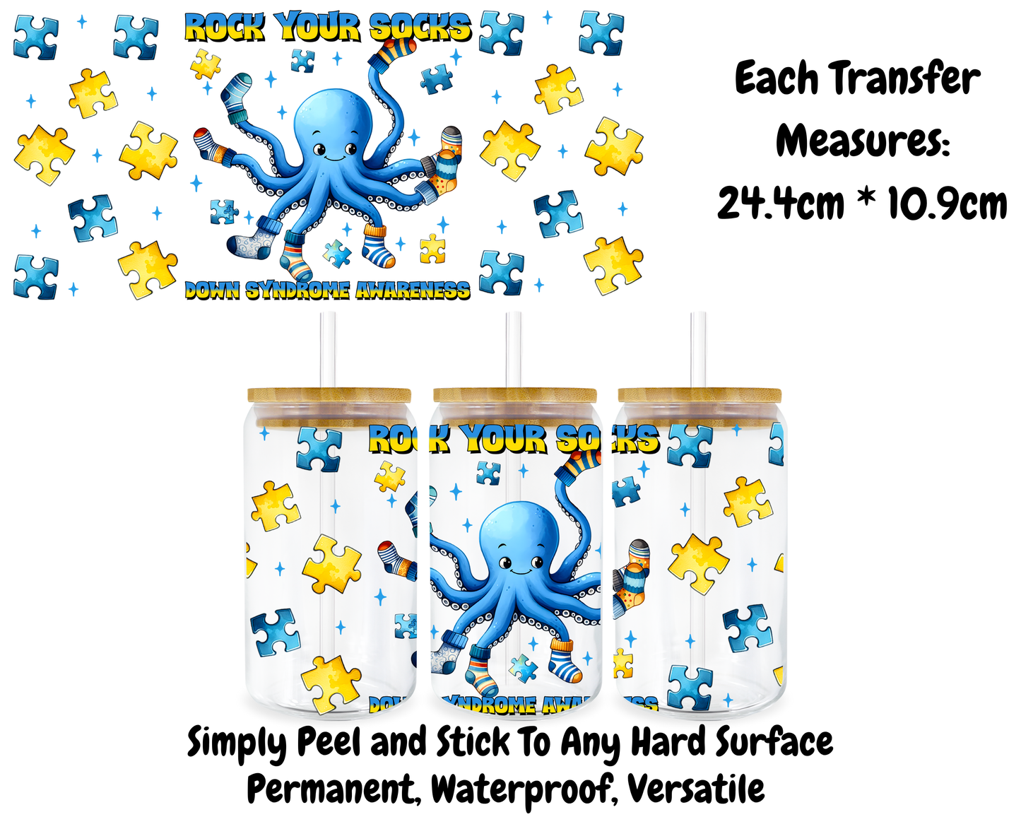 Rock Your Socks Down Syndrome Awareness - 16oz UV DTF Transfer