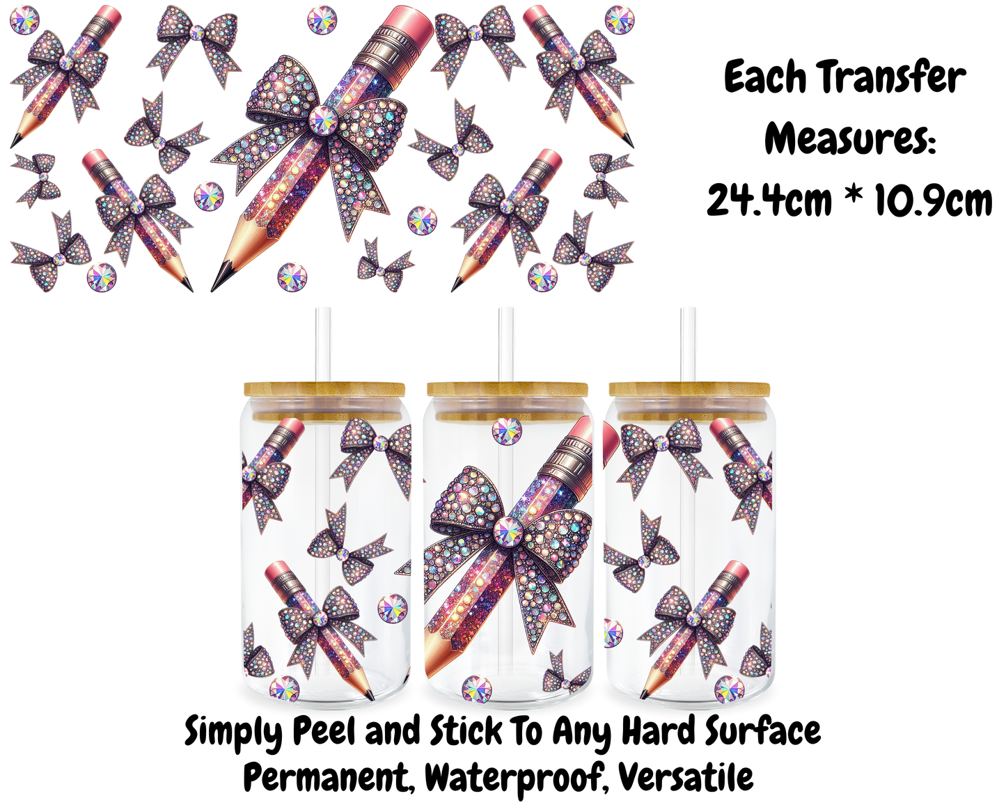 Pencil Glitzy Bows - 16oz UV DTF Transfer