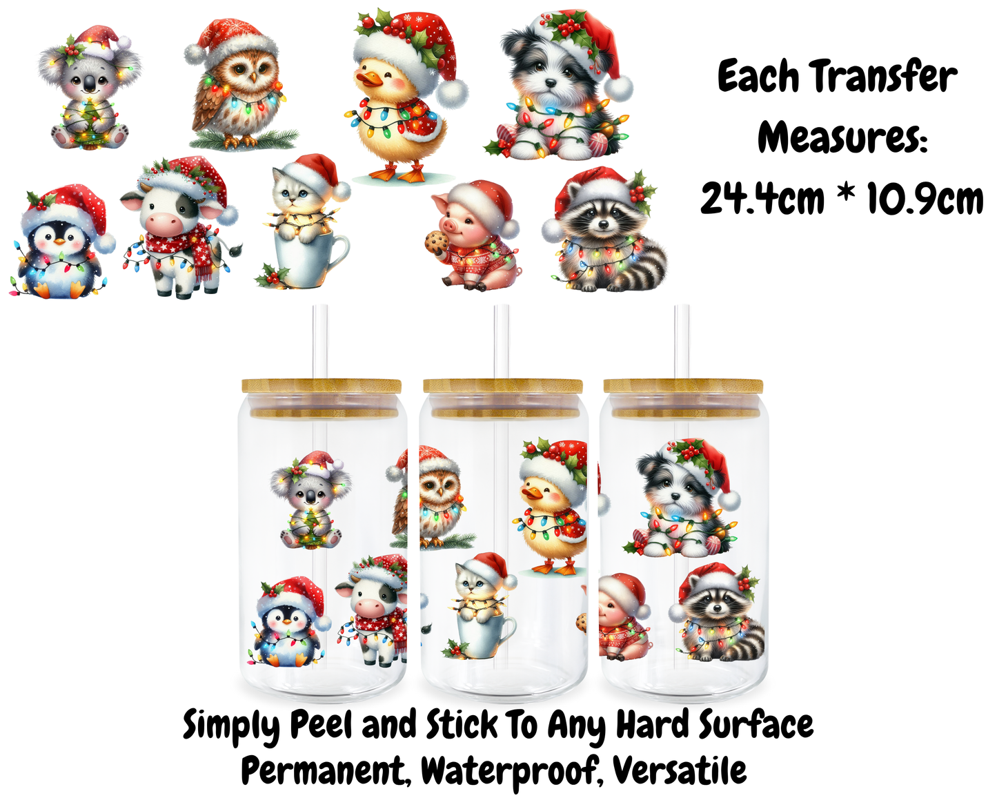 Cute Animals With Christmas Lights - 16oz UV DTF Transfer
