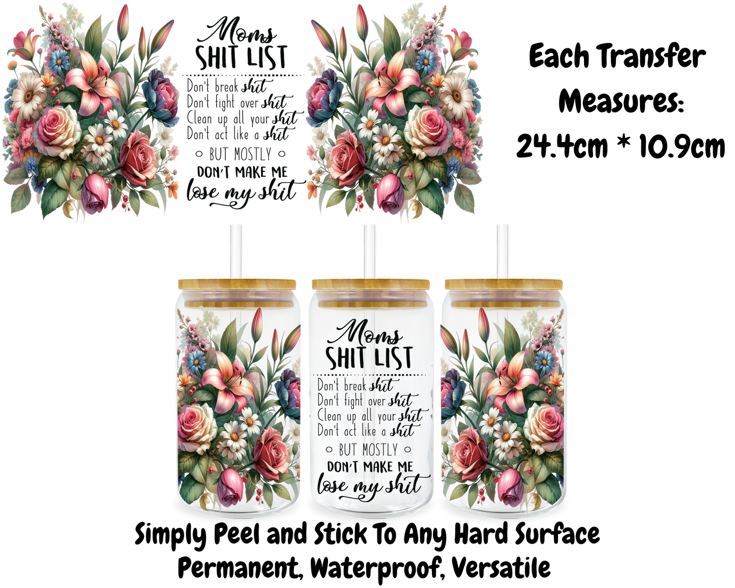 Moms Shit List - 16oz UV DTF Transfer