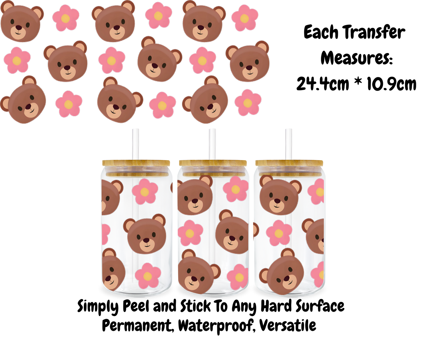 Teddy Bears and Flowers - 16oz UV DTF Transfer