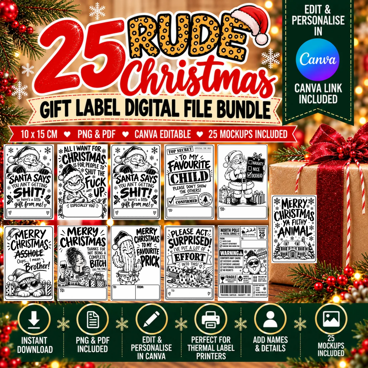 DIGITAL FILE - 25 *RUDE* Christmas Gift Labels | Canva Templates + PDF/PNG Download