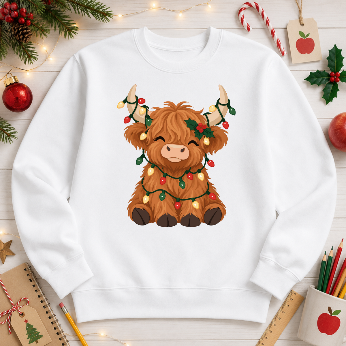 Highland Cow Christmas Lights DTF Transfer