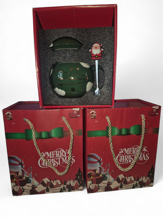 Joblot - 3 Green Christmas Mugs with Lids & Spoons