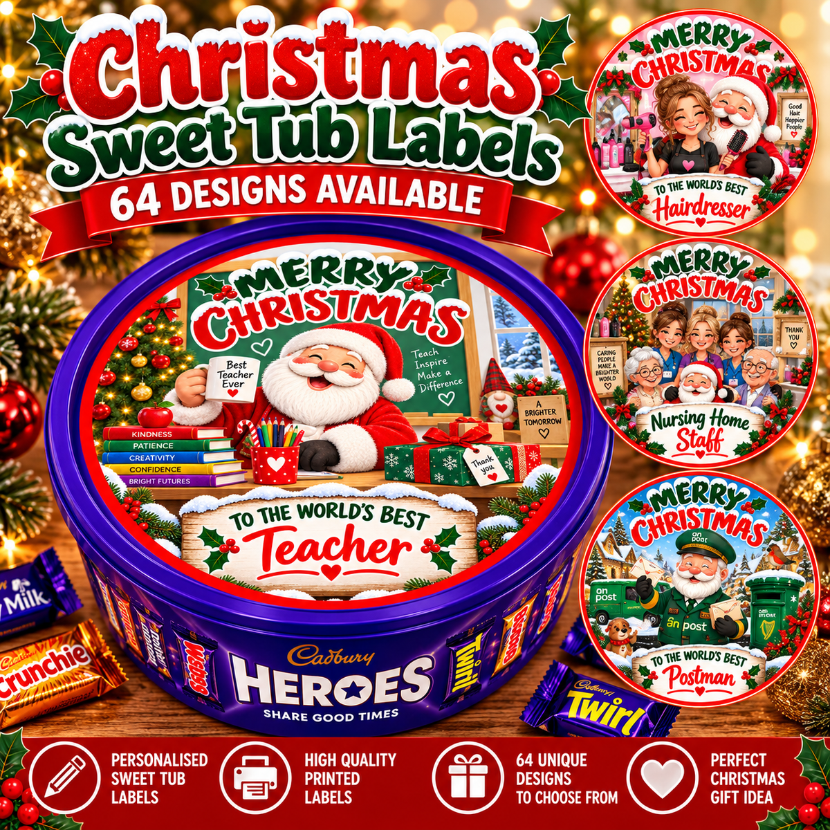 Printed Christmas Sweet Tub Labels